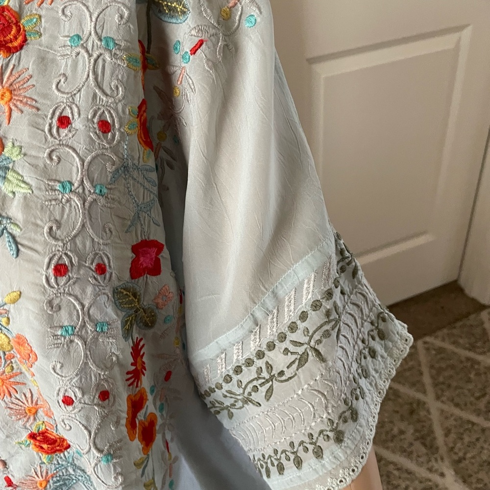 Johnny Was Pale Blue Floral Embroidered Peasant Blouse - Picture 4 of 4